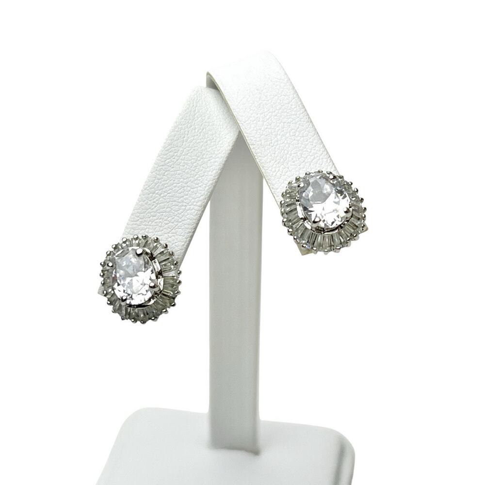 Nolan Miller Rhinestone Stud Earrings Crystal Baguette Halo Classic Bridal Chic